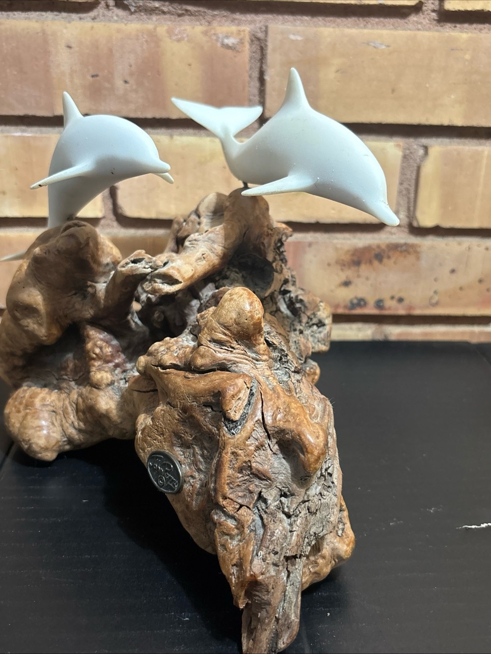 John Perry Studio Driftwood Burlwood 2 White Dolphins Family Sculpture 9.5”